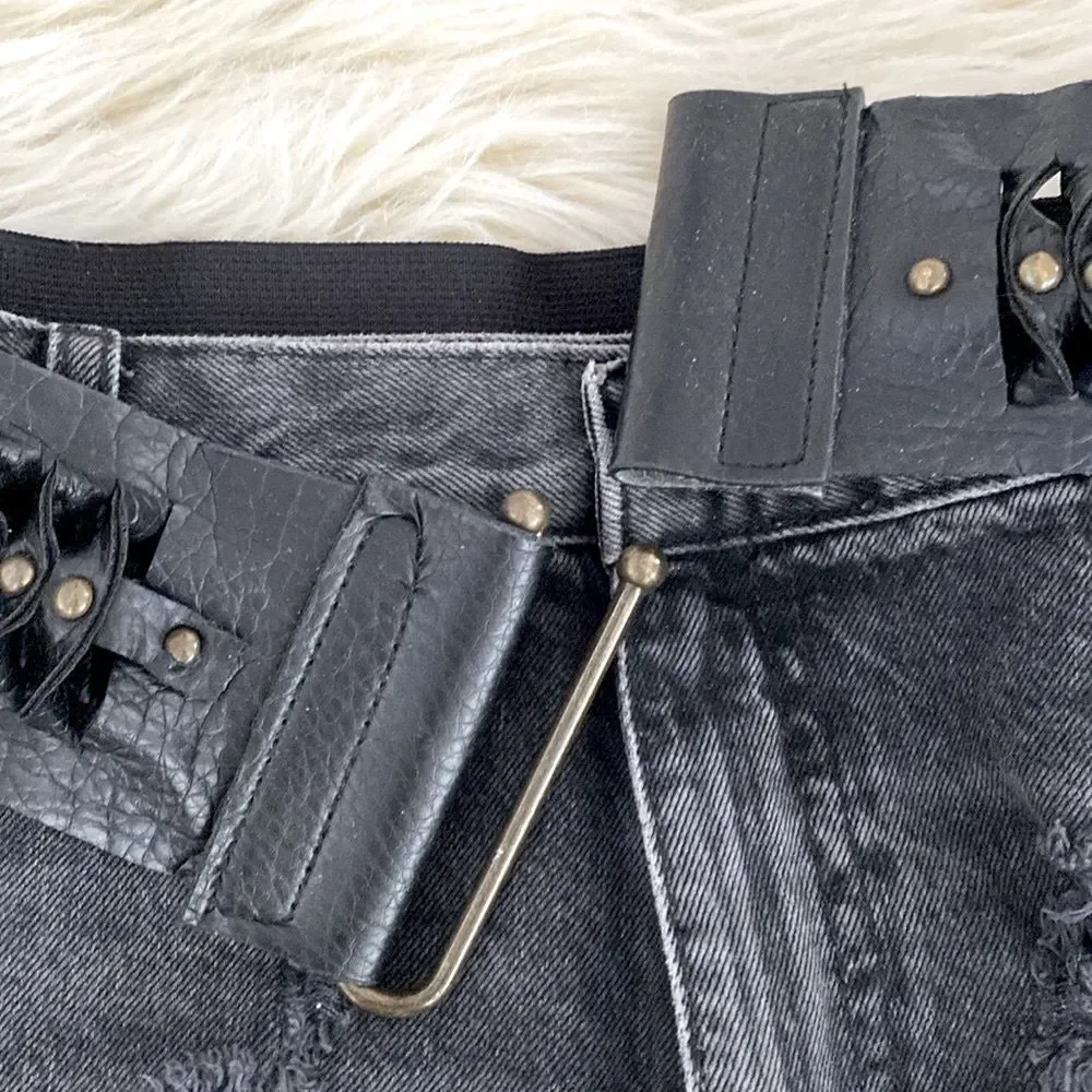 Vintage Black Vegan Leather Belt with Studded Elastic Back, Hook Front Boho Chic